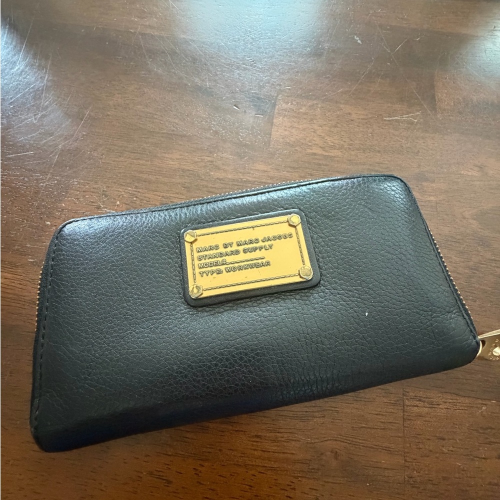 Marc by Marc Jacobs Black Leather Zip-Around Wallet with Gold Plaque